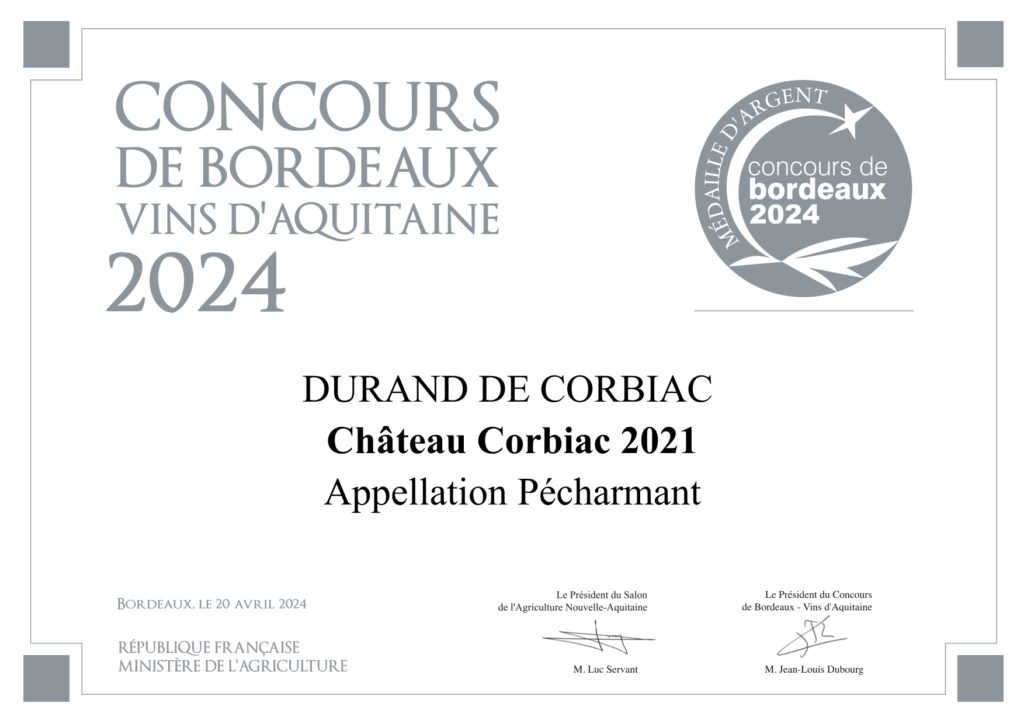médaille d'argent décernée au Château Corbiac Pécharmant 2021